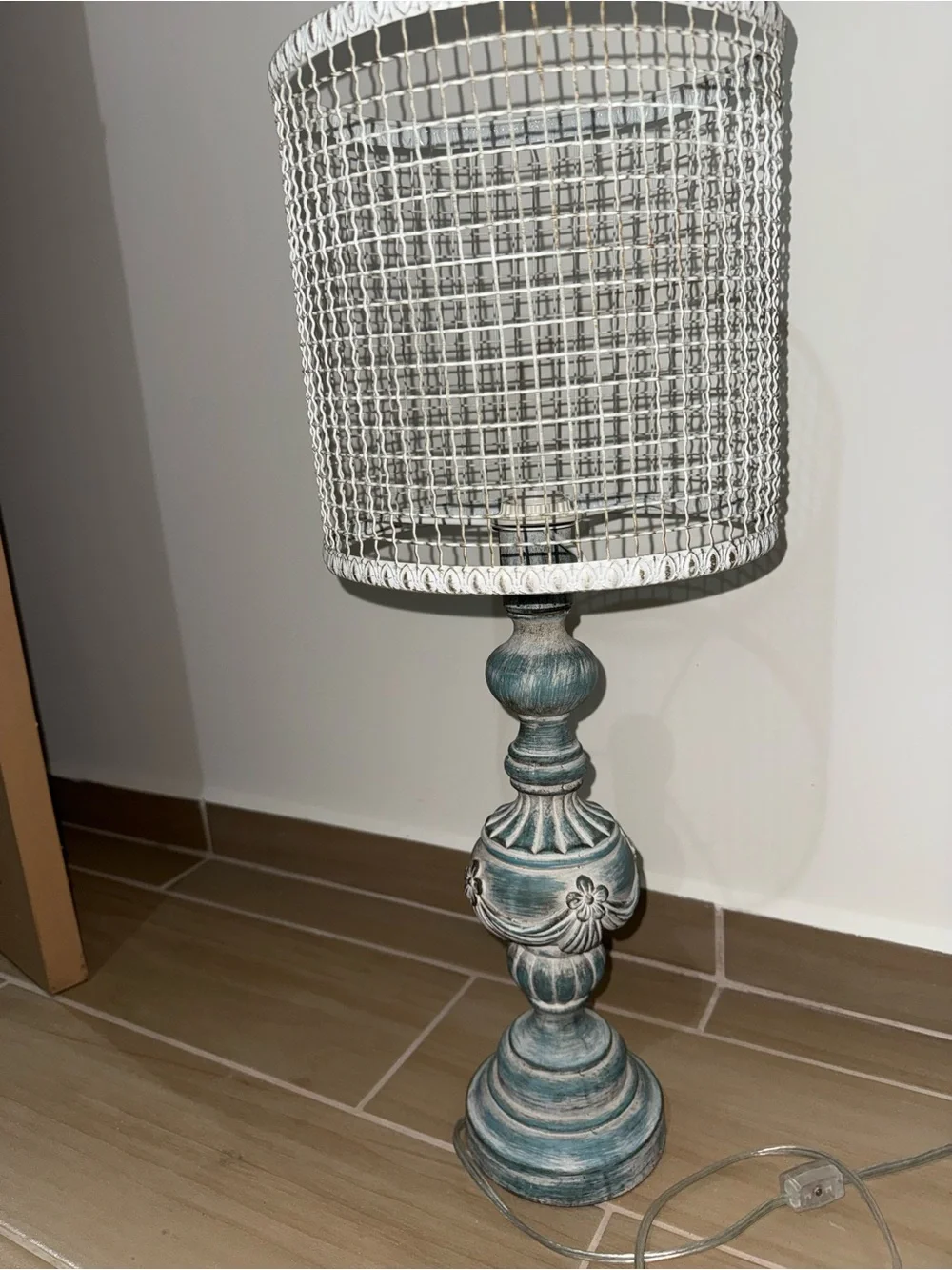 Farmhouse Teal Decorative Table Lamp with White Wire Shade $60 each